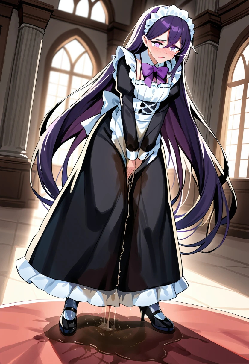 (masterpiece:1.37), best quality, (extremely detailed:1.37), woman, (very long hair:1.5), dark purple hair, purple eyes, (extremely detailed eyes:1.37), maid uniform, (long dress:1.5), desperation, (wetting self:2.0), standing, indoors, fantasy setting, manor, mansion