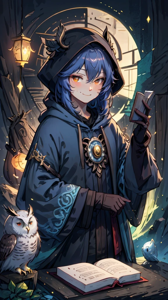 an owl prophet, an owl personified as a prophet with as hood carrying a book and a sly grin