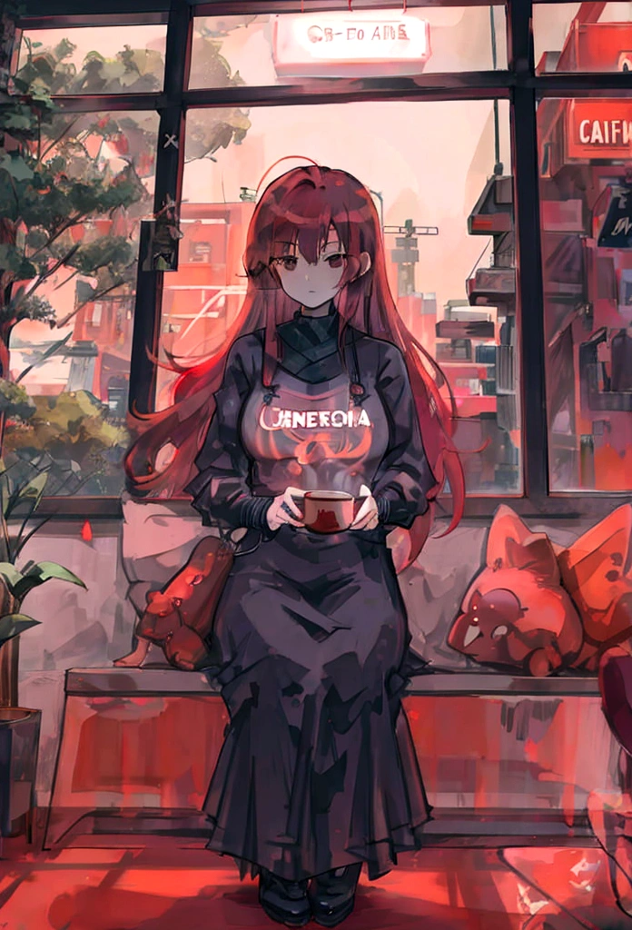Beautiful red-haired Asian girl sitting alone in a cafe at night, Visible from the window, face perfect, oculos de sol, Smoke a cigar, Neon black, (contra-luz: 1.1), hard shadows, work of art, highest quallity, complex, model shooting style, vintage, Film grain,Hold a cigar,cigar