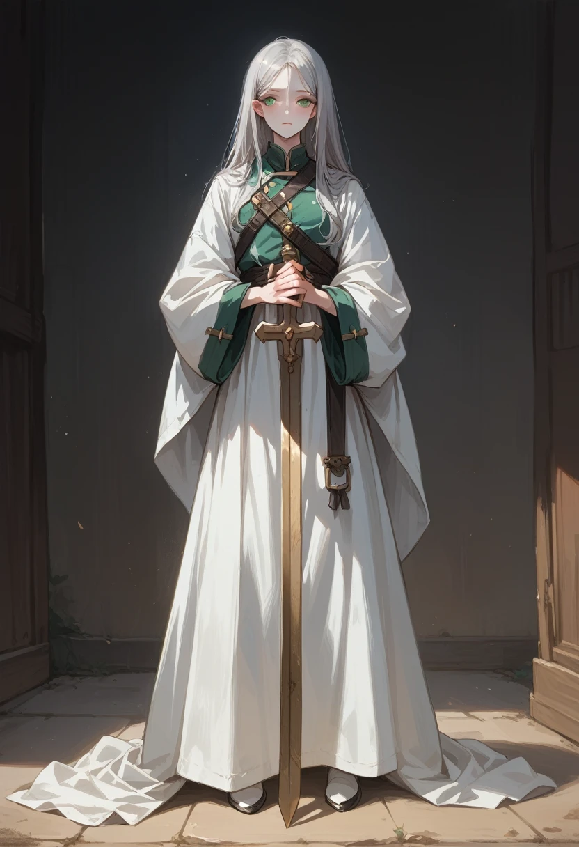 (master piece), 8k, best quality, panoramic view, full body view, with slightly flushed white skin, subtly contrasting with her long, silver hair. Her body was slender and athletic, with a height of 168cm that gave her a natural elegance. Her green eyes, conservatively detailed warrior outfit, holding the war bow with rune writing