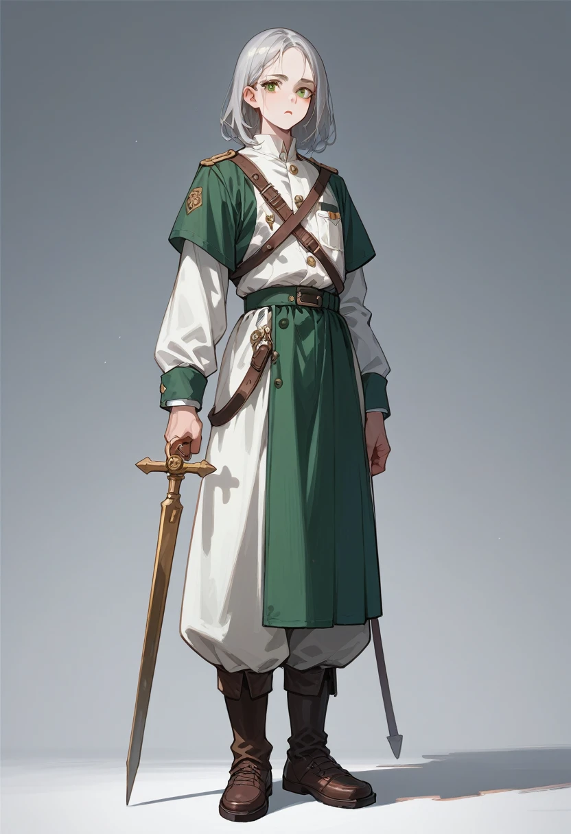 (master piece), 8k, best quality, panoramic view, full body view, with slightly flushed white skin, subtly contrasting with her long, silver hair. Her body was slender and athletic, with a height of 168cm that gave her a natural elegance. Her green eyes, conservatively detailed warrior outfit, holding the war bow with rune writing