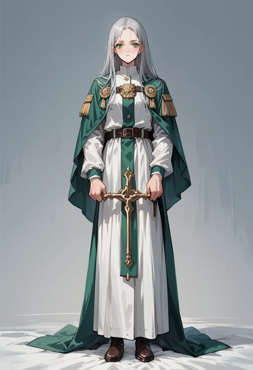 (master piece), 8k, best quality, panoramic view, full body view, with slightly flushed white skin, subtly contrasting with her long, silver hair. Her body was slender and athletic, with a height of 168cm that gave her a natural elegance. Her green eyes, conservatively detailed warrior outfit, holding the war bow with rune writing