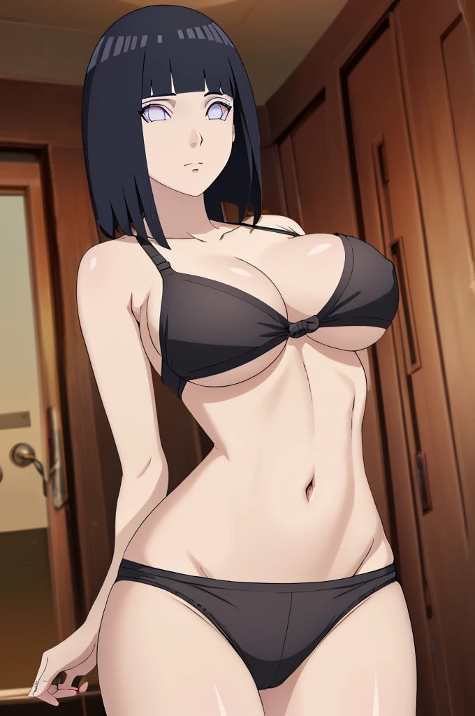 masterpiece, absurdres , (intricate details), (colorful),cinematic lighting,extremely detailed CG unity 8k wallpaper ,hinata\(boruto\), 1girl,solo, large breasts, (hinata, hyuuga hinata, purple eyes, blunt bangs, black hair) big breasts, perfect breasts, large breasts, round breasts, sexy body, slim waist, nice hips, skinny, nice thighs, black bra, cleavage, bare shoulders, collarbone, underboob, slim waist, red bikini, bikini, swimsuit, plain background, cowboy shot, body shot, white backdrop, perfect eyes, glowing eyes, beautiful eyes, black background, sinple