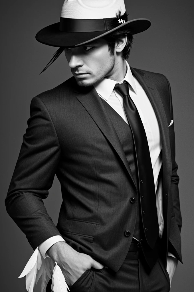 A male person with a thinking face and a fedora with a black and white feather wearing elegant clothes with a tie and a serious pale face