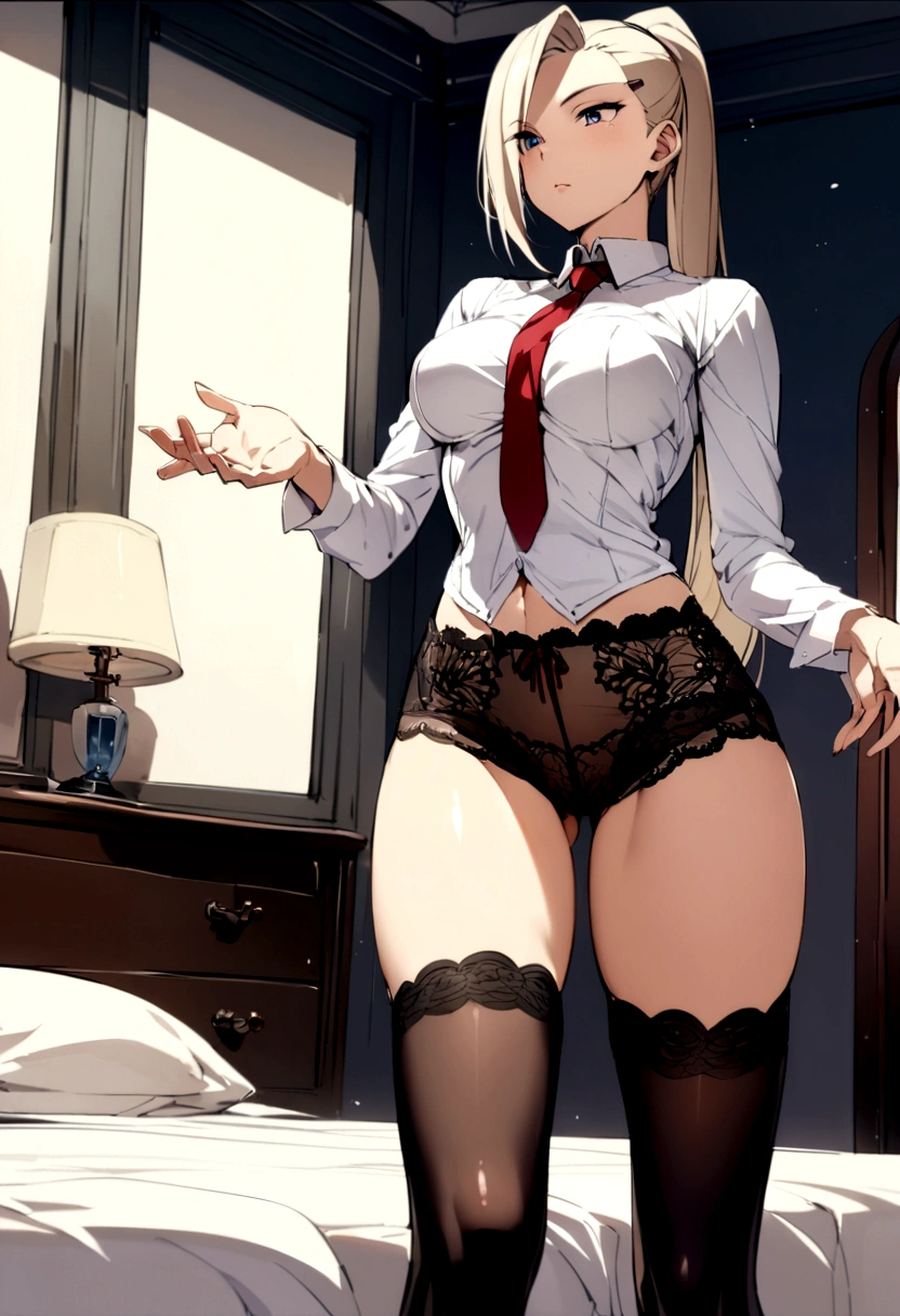 Yamanaka Ino, long sleeve white shirt, Red tie, medium breasts, lace boyshorts, black mid thigh stockings, black shoes. standing, bedroom, perfect body, perfect legs, perfect arms, perfect hands, Masterpiece, detailed