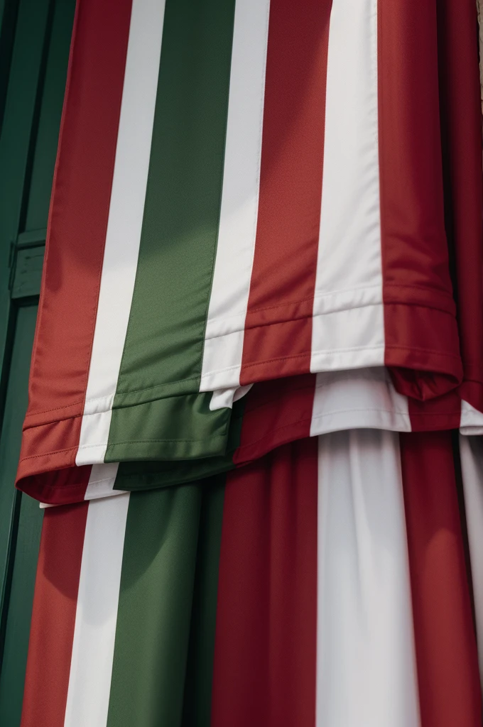 a rectangular flag, with horizontal stripes, in wine colors, White and green, with a three-pointed shield in the center of the flag