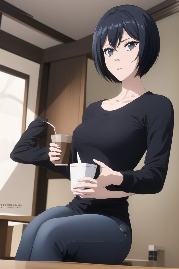 (masterpiece, best quality), sakurada, black t shirt, long sleeves, blue pants, scoop neck, sitting, indoors, caffe, drink coffe, lite,  [Cinematic lighting, (((top-quality))).)((Ultra-detail)))。(((illustratio)))。(((takeout))). (((​masterpiece)))。