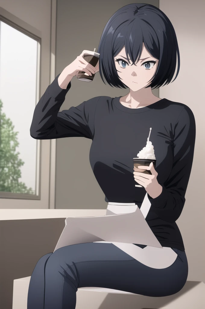 (masterpiece, best quality), sakurada, black t shirt, long sleeves, blue pants, scoop neck, sitting, indoors, caffe, drink coffe, lite,  [Cinematic lighting, (((top-quality))).)((Ultra-detail)))。(((illustratio)))。(((takeout))). (((​masterpiece)))。