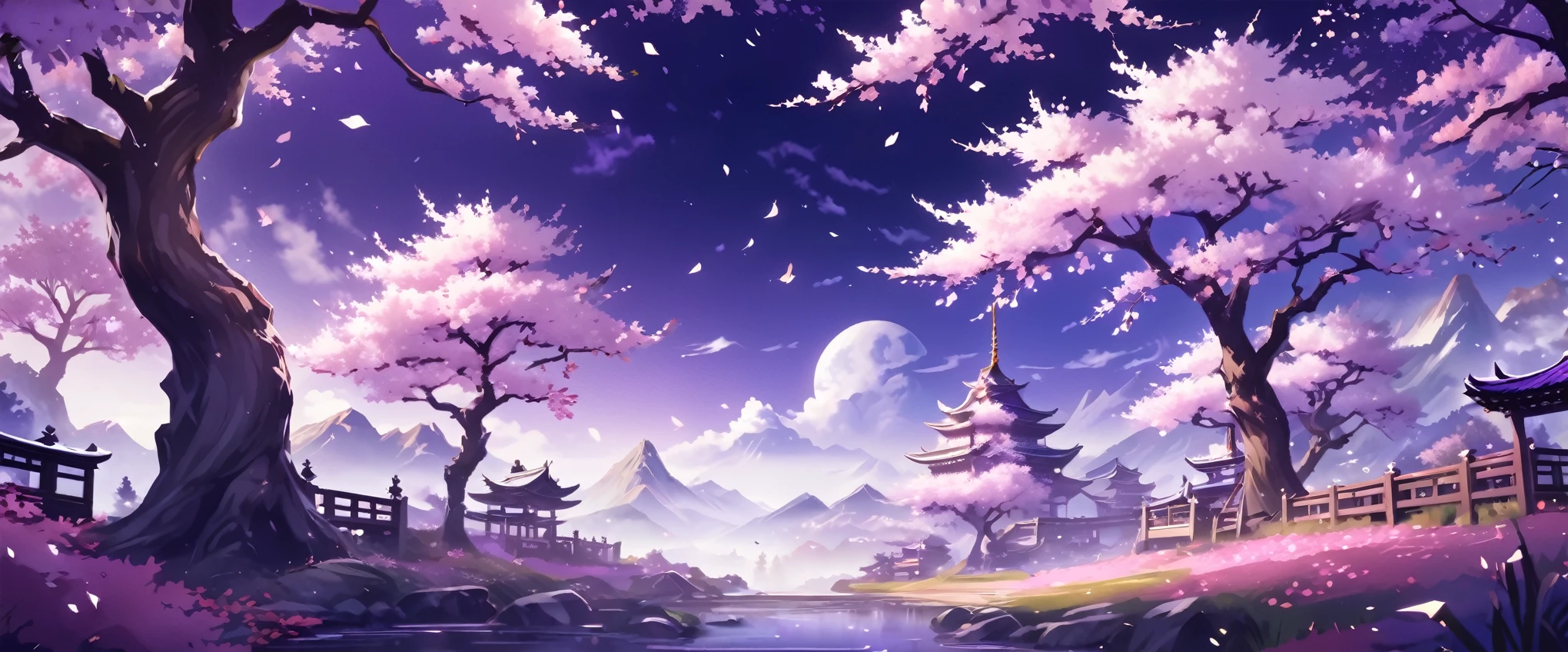 come up with a nickname and design for a channel that makes videos on the game Genshin Impact, no characters, No characters, gaming background, background from the game, design, banner, стильный design, purple tone, shine, game, sakura, sakura trees