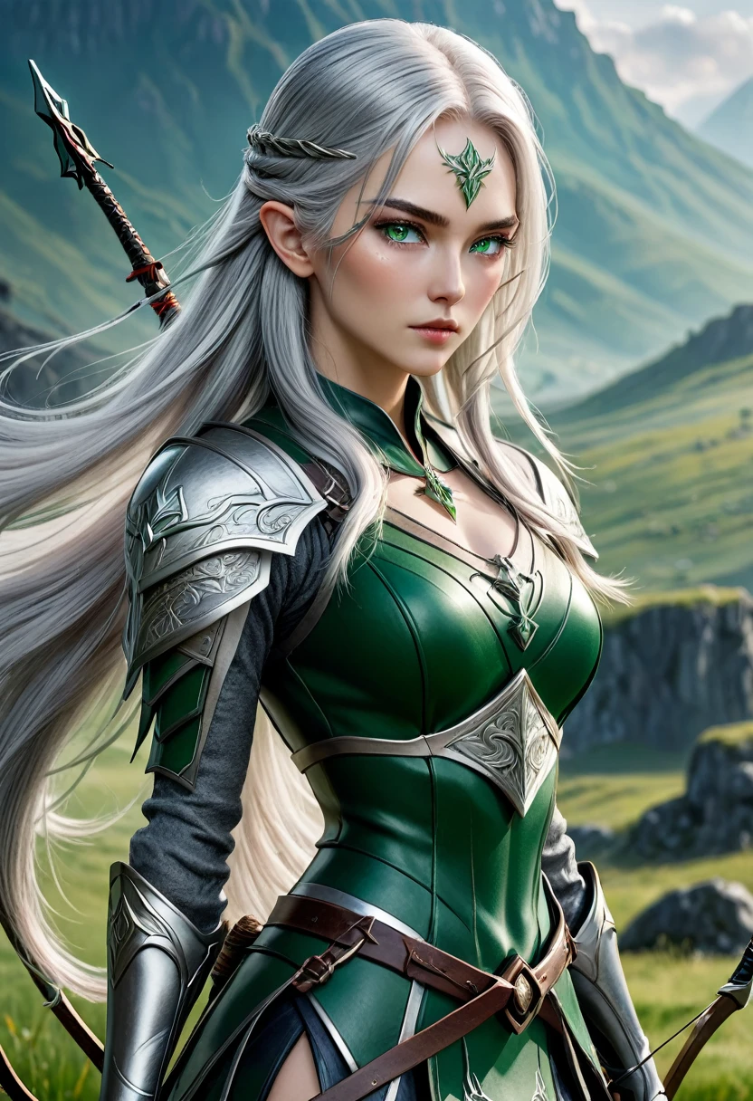 (master piece), 8k, best quality, panoramic view, full body view, with slightly flushed white skin, subtly contrasting with her long, silver hair. Her body was slender and athletic, with a height of 168cm that gave her a natural elegance. Her green eyes, conservatively detailed warrior outfit, holding the war bow with rune writing
