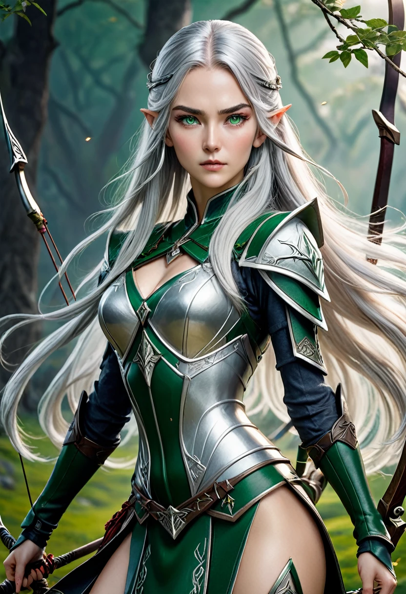 (master piece), 8k, best quality, panoramic view, full body view, with slightly flushed white skin, subtly contrasting with her long, silver hair. Her body was slender and athletic, with a height of 168cm that gave her a natural elegance. Her green eyes, conservatively detailed warrior outfit, holding the war bow with rune writing