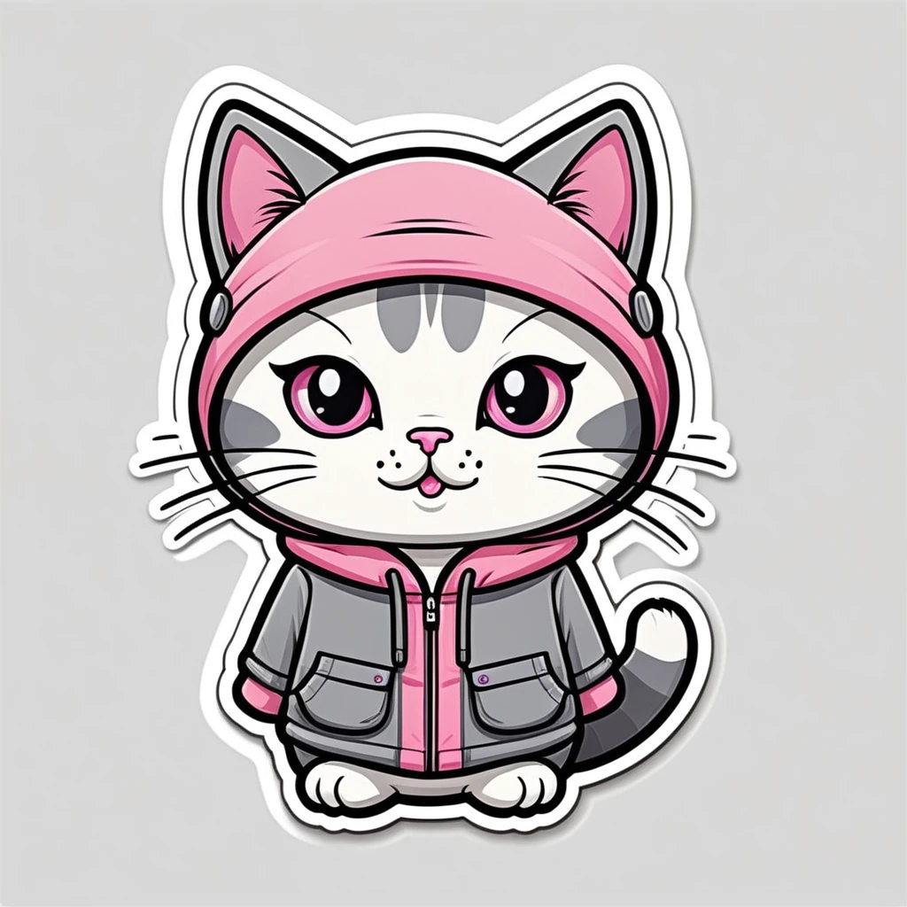 Clothing sticker design, cartoon cat, cat sticker, A high resolution, high detail, cartoon style, color gray and pink
