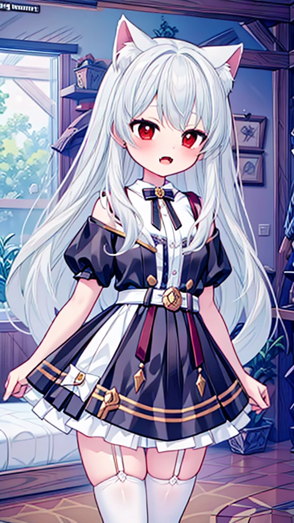 masterpiece, {{{{Highest quality}}}}, beautiful,1 girl, solo, White_hair, cat ears(White), cat tail(White), frilled choker、miniskirt_dress, bare_shoulders, garter belt,garter straps, red eyes, full body, shy, blushing, showing fangs, medias blancas