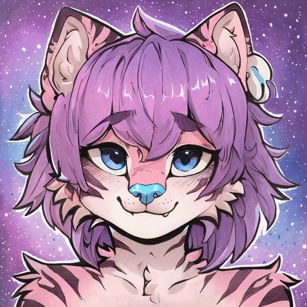 Single, solo, adult, feline, mammal, anthro, anthropomorphic, snow_leopard, cat, striped_feline, fur, furred_anthro, fluffy_tail, femboy, male, bangs, ear_tufts, blue_nose, hair_tuft, hair_between_eyes, long_tail, fluffy, feline_ears, expressive_eyes, purple_hair, gradient_galaxy, pinkish_purple_galaxy_background, light, looking_at_viewer, pink_hair, pink_fur, shy, small_pupils, spotted_pattern, stripes, tail, tiger_stripes, traditional_art, hand-drawn, pencil_lines, ink_details, natural_imperfections, brush_strokes, textured_shading, detailed_line_work, high_resolution, background, head_visible, neck_visible, profile_picture, seductive_face, headshot, close_up, seductive_face