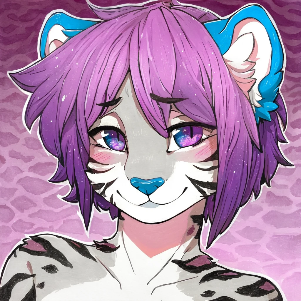 Single, solo, adult, feline, mammal, anthro, anthropomorphic, snow_leopard, cat, striped_feline, fur, furred_anthro, fluffy_tail, femboy, male, bangs, ear_tufts, blue_nose, hair_tuft, hair_between_eyes, long_tail, fluffy, feline_ears, expressive_eyes, purple_hair, gradient_galaxy, pinkish_purple_galaxy_background, light, looking_at_viewer, pink_hair, pink_fur, shy, small_pupils, spotted_pattern, stripes, tail, tiger_stripes, traditional_art, hand-drawn, pencil_lines, ink_details, natural_imperfections, brush_strokes, textured_shading, detailed_line_work, high_resolution, background, head_visible, neck_visible, profile_picture, seductive_face, headshot, close_up, seductive_face