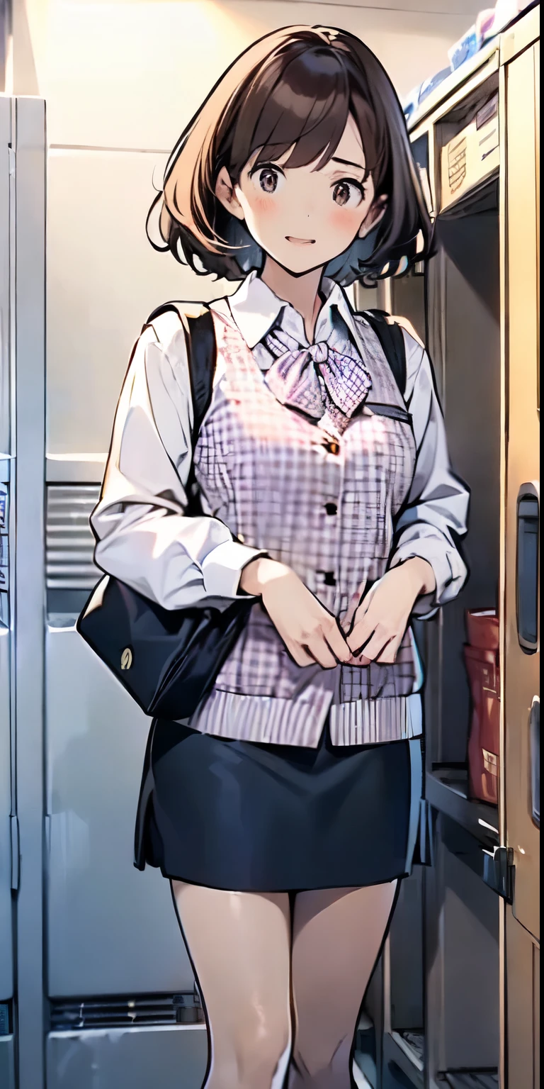 (((a girl changing of clothes))), (((in lockerroom ))),delicate and cute girls with brown hair,((wearing business service uniform )),(office lady Japanese style),、30 years、Super8K Ultra High Definition、Delicate texture、 Medium Hair、flat chest、((()))、((()))、Plain clothes,nsfw,big breast,lockerroom,,peeping scene,(((girl changing of clothes))),,(((drooping eyes))),((plaid wear)),showing white camisole,(exposed white camisole),embarrassed face