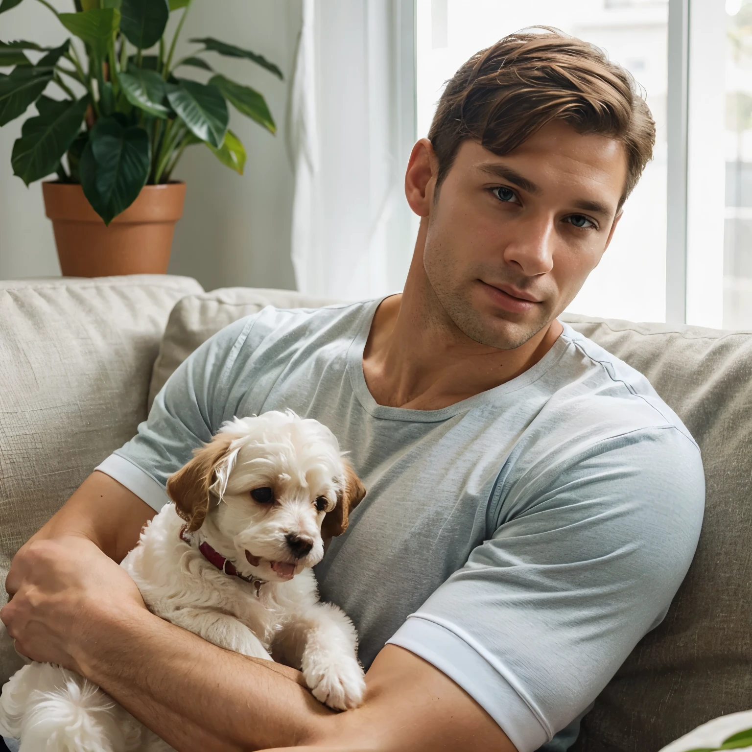 ((Handsome 35 year old caucasian male with desireable features hugging his small white poodle on the couch)), BREAK, medium length light brown hair, cropped sides, clean shaven face, no facial hair, intriguing green eyes, BREAK, blue shirt, BREAK, white shorts, athletic physique, bright indoor lighting highlights his excellent features