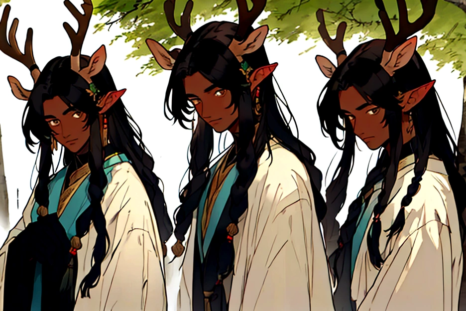Dark-skinned man, with deer antlers and ears, brown eyes, long hair, hiding behind a tree in a forest.
