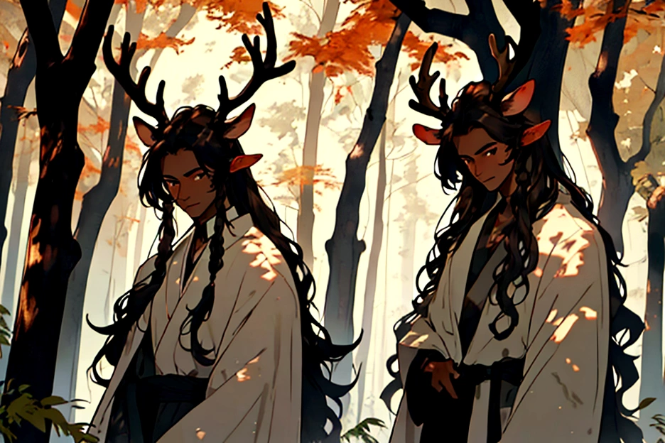 Dark-skinned man, with deer antlers and ears, brown eyes, long hair, hiding behind a tree in a forest.