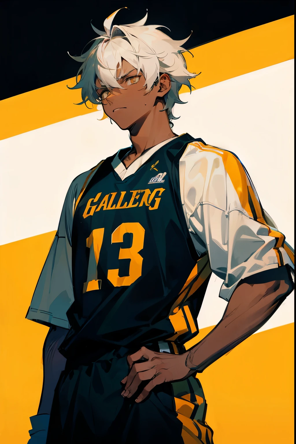 1male , White Messy Hair , Basketball Jersey , Dark Skin , golden eyes , Serious Expression , Standing on court , Basketball Background , Young Male