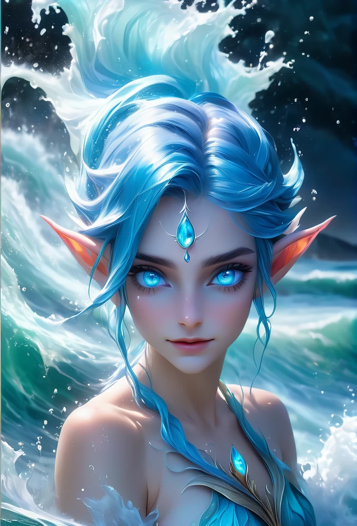 The extreme beautiful young water genasi of water, light blue skin, elf ears, colorful mystic light, water glow eyes, blue hair, UHD, by Aleksi Briclot and Alessio Albi and Emilia Rodriguez and Adela Weiss, blushing, innocent looking, standing in swirling waves of water,