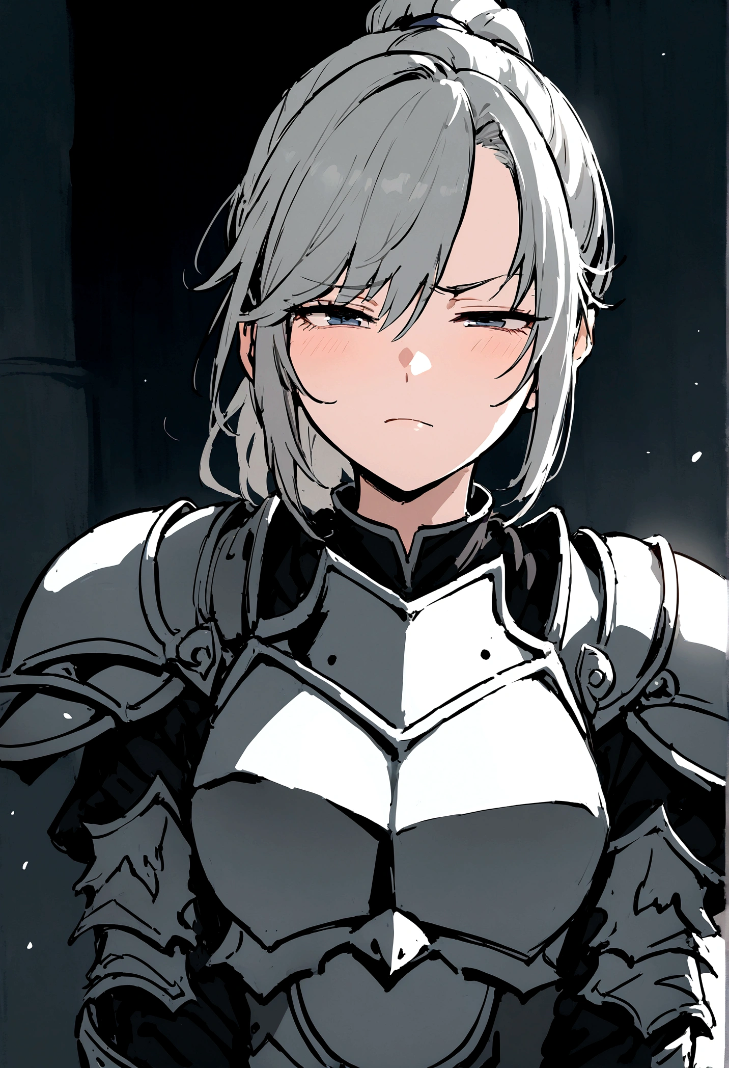 Beautiful girl knight in armor, Gray Hair, tsurime, fantastic, Face your body forward like a certificate photo, shoot from front, Ponytail, Armor Girl, beautiful female knight, Female Paladin, pale blue eyes, narrowed eyes squint, Talking mouth, upper body shot, drawing both arms, closed eyes