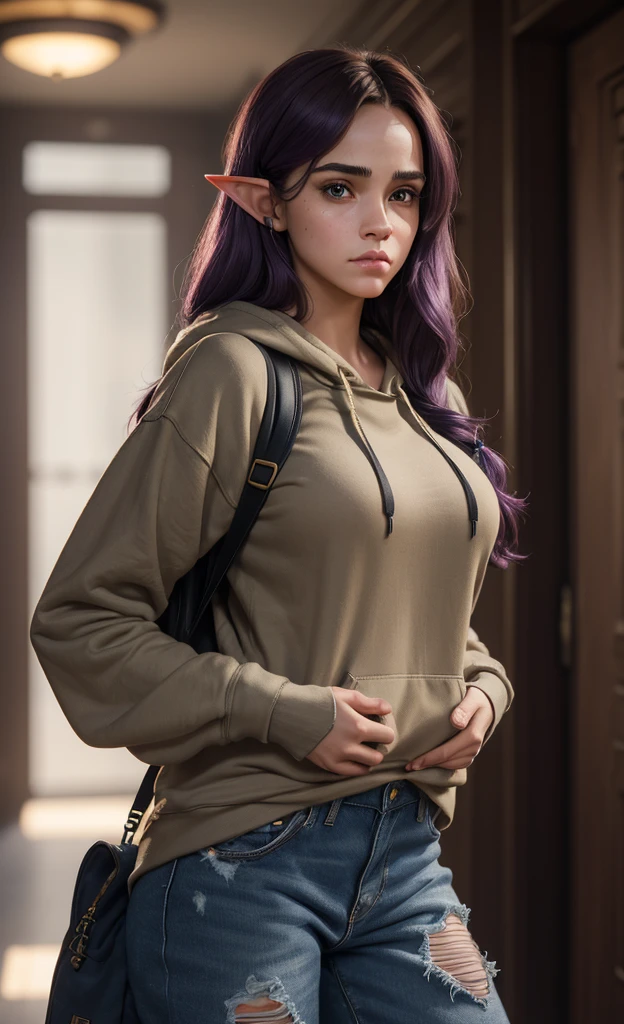 (masterpiece), (extremely intricate:1.3), (realistic), portrait of a girl, huge and perfect breasts, the most beautiful in the world, dark eyebrows, bright purple hair, (Hermione granger:1.3), scowl, (annoyed pout:1.2), blushing heavily, (oversized baggy cosy hoodie), (ripped baggy jeans), (canvas sneakers), (backpack), (elf ears:1.1), tanned, detailed textures, indoors, bright sunlight, classroom hallway, professional photograph of a stunning woman detailed, looking at the camera, alluring stare, detailed eyes, sharp focus, dramatic, award winning, cinematic lighting, octane render unreal engine, volumetrics dtx, (film grain, blurry background, blurry foreground, bokeh, depth of field, motion blur:1.3)