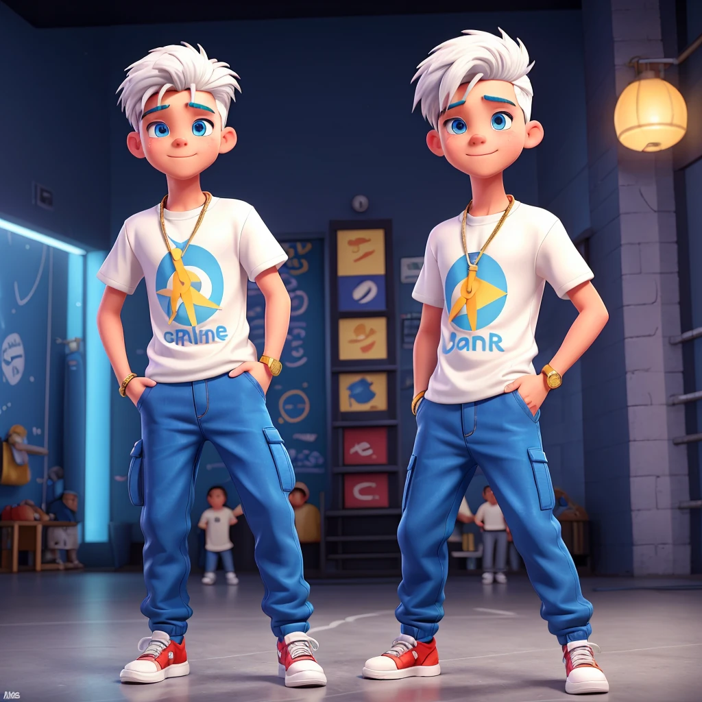 Create a modern cartoon-style image of a 15-year-old boy with white hair and bright blue eyes, dressed as a rapper. The boy is dancing energetically. He is wearing a flat-brimmed cap tilted slightly to the side, a gold chain around his neck, a loose t-shirt with colorful graffiti, baggy pants worn slightly below the waist, branded sneakers, and a flashy watch on his wrist. The background shows a lively scene with flashing lights and vibrant music. The boy's movements are dynamic, showing off his dance skills with confidence and style. The scene should emphasize the liveliness and dynamism of his dance.