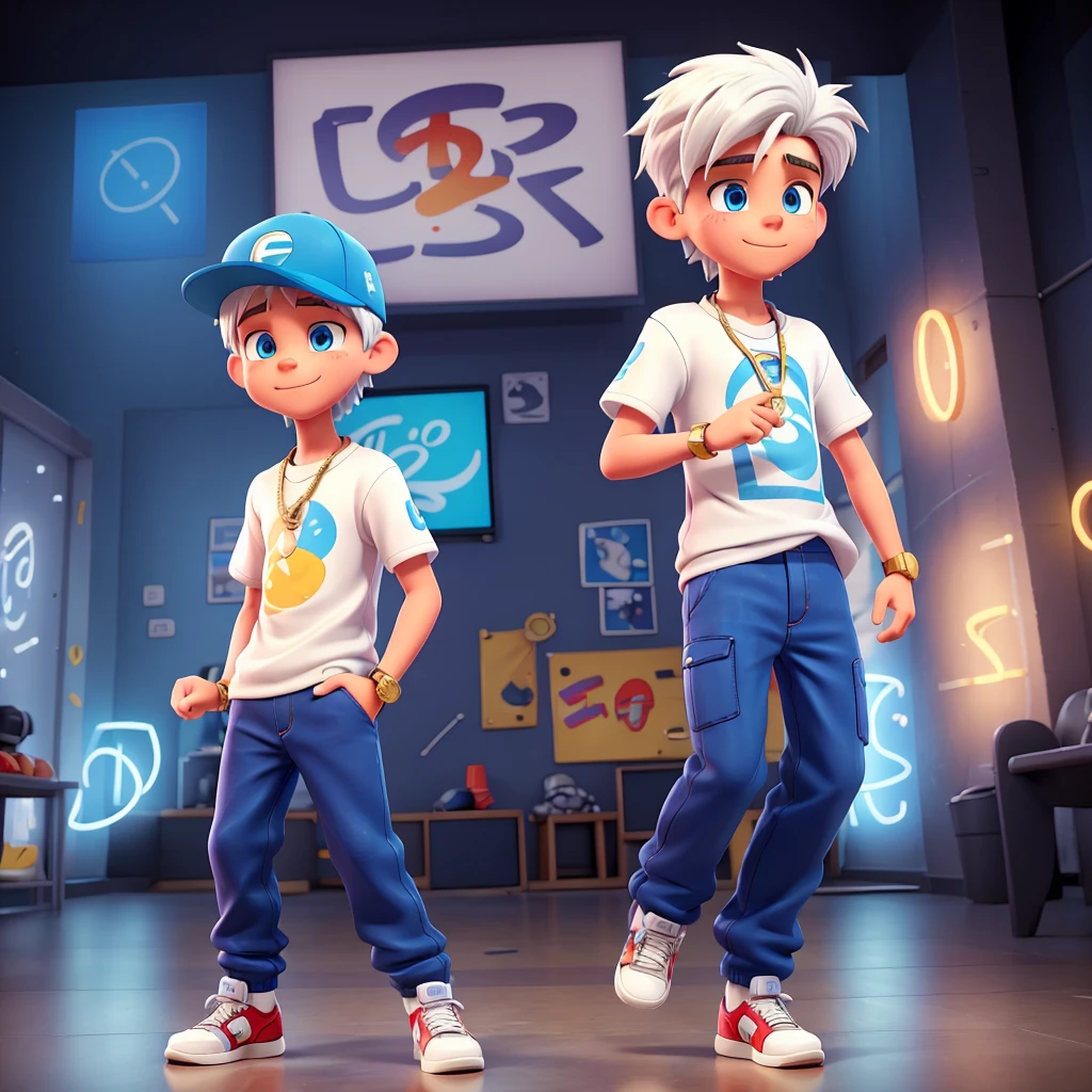 Create a modern cartoon-style image of a 15-year-old boy with white hair and bright blue eyes, dressed as a rapper. The boy is dancing energetically. He is wearing a flat-brimmed cap tilted slightly to the side, a gold chain around his neck, a loose t-shirt with colorful graffiti, baggy pants worn slightly below the waist, branded sneakers, and a flashy watch on his wrist. The background shows a lively scene with flashing lights and vibrant music. The boy's movements are dynamic, showing off his dance skills with confidence and style. The scene should emphasize the liveliness and dynamism of his dance.