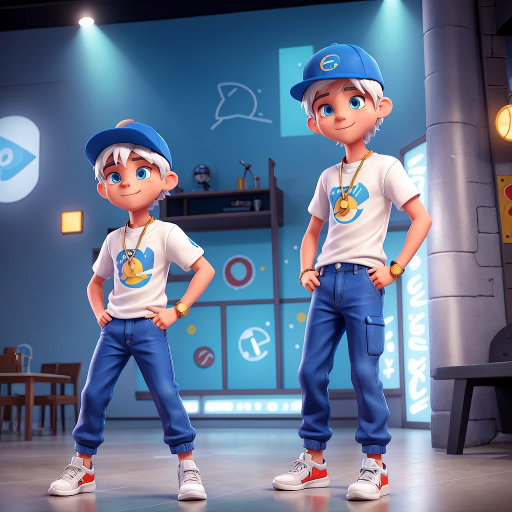 Create a modern cartoon-style image of a 15-year-old boy with white hair and bright blue eyes, dressed as a rapper. The boy is dancing energetically. He is wearing a flat-brimmed cap tilted slightly to the side, a gold chain around his neck, a loose t-shirt with colorful graffiti, baggy pants worn slightly below the waist, branded sneakers, and a flashy watch on his wrist. The background shows a lively scene with flashing lights and vibrant music. The boy's movements are dynamic, showing off his dance skills with confidence and style. The scene should emphasize the liveliness and dynamism of his dance.