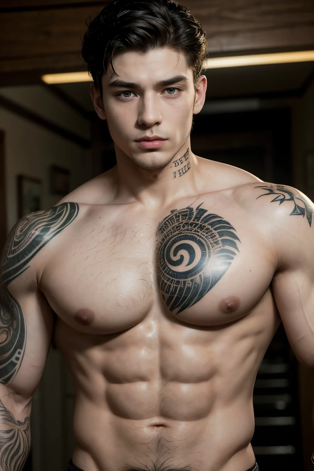 ((Best Quality)), ((Masterpiece)), (detailed), 1 chico, about 25 years old, British descent, Brown leather, his body has MANY tattoos, his body very big and defined, serious face. dresses urban, stomach 1,86, her hair is black, his green eyes, He has freckles all over his body