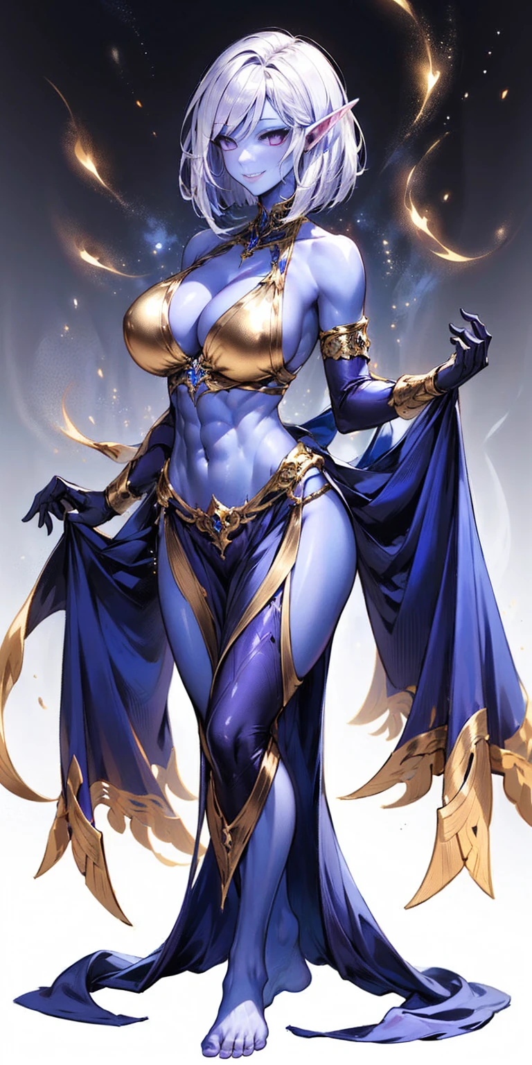 ((plain background:1.2, 1sologirl)) full body standing barefoot hands on waist navel, very purple skin, drow, elf, Madura, Detailed happy face, purple eyes, white hair bob style, gold bikini, well defined six pack abs, Large knockers, golden gloves