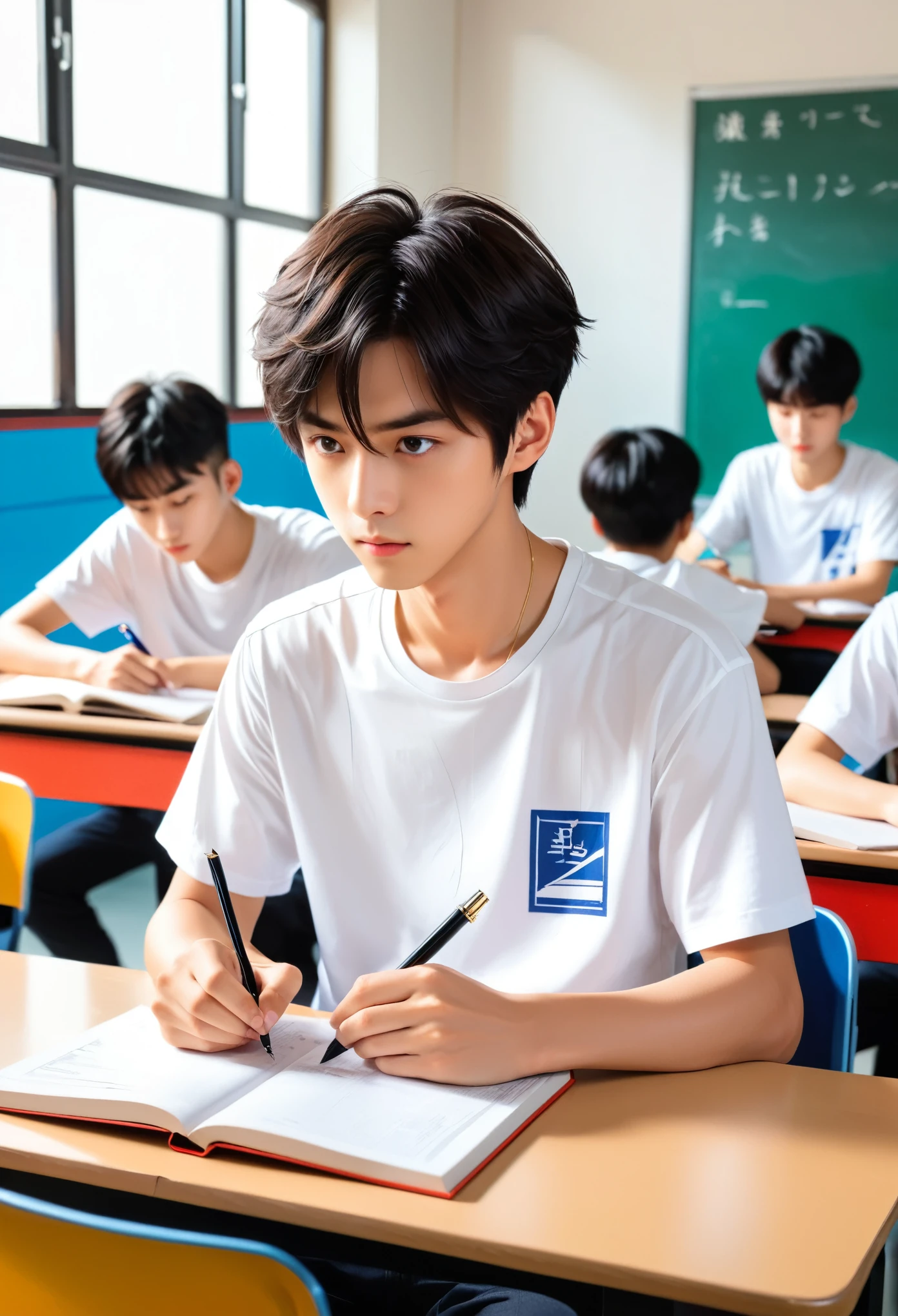 A man sitting in the classroom, Boys, Male classmates, In campus classrooms, this Male classmates is wearing a white T-shirt, Black short hair, Holding a pen in hand, There is a test paper, There are books, The lens is mainly concentrated on the upper part of the fuselage, Lofy art style ((Xinhaicheng), CGStation Popular, Shinkai Makoto H 2160, Inspired by Border Guardians, Shinkai Makoto, plan, Gurwitz style, High-quality images, 4K, 8K, solve,
