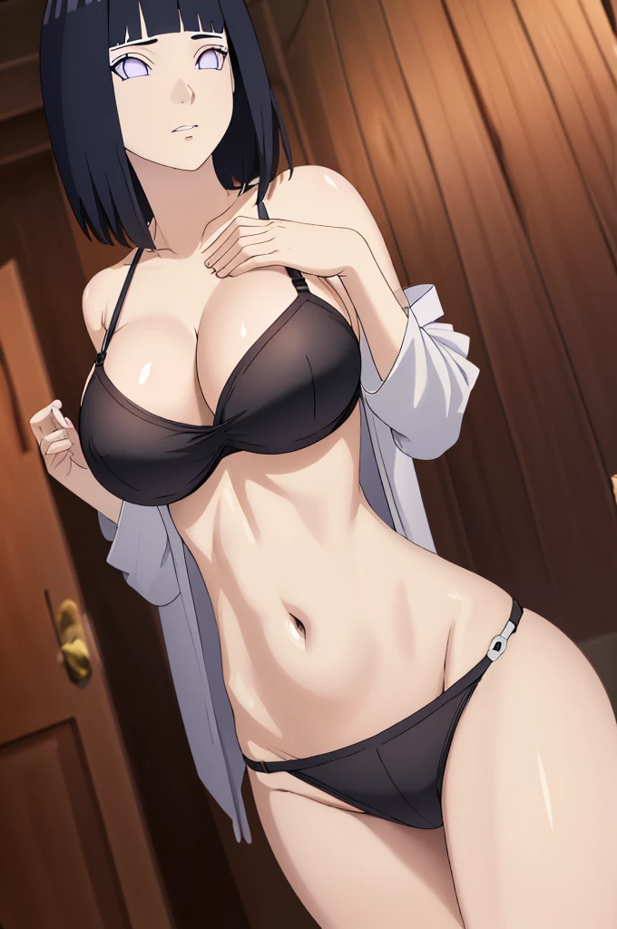 masterpiece, absurdres , (intricate details), (colorful),cinematic lighting,extremely detailed CG unity 8k wallpaper ,hinata\(boruto\), 1girl,solo, large breasts, (hinata, hyuuga hinata, purple eyes, blunt bangs, black hair) big breasts, perfect breasts, large breasts, round breasts, sexy body, slim waist, nice hips, skinny, nice thighs, black bra, cleavage, bare shoulders, collarbone, underboob, slim waist, red bikini, bikini, swimsuit, plain background, cowboy shot, body shot, white backdrop, perfect eyes, glowing eyes, beautiful eyes, black background, simple background, no background , body shot,