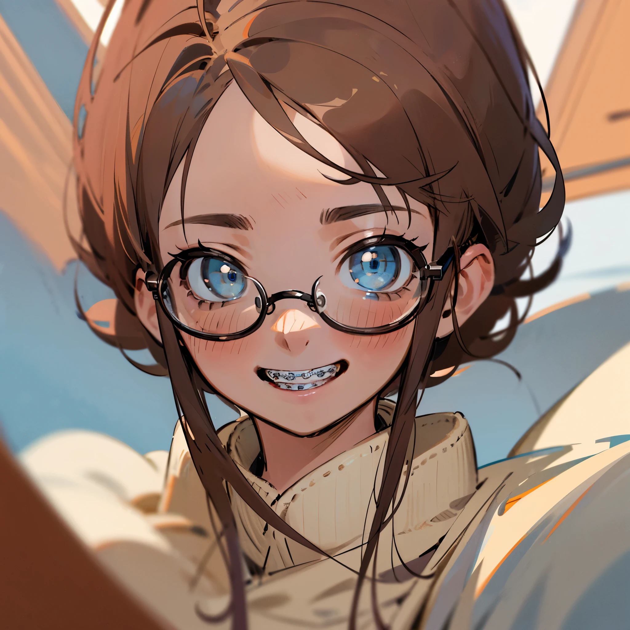 1girl, seductive eyes, braces, glasses, smiling, cute, face focus, blue eyes, blush, brown hair, best quality, masterpiece, highres
