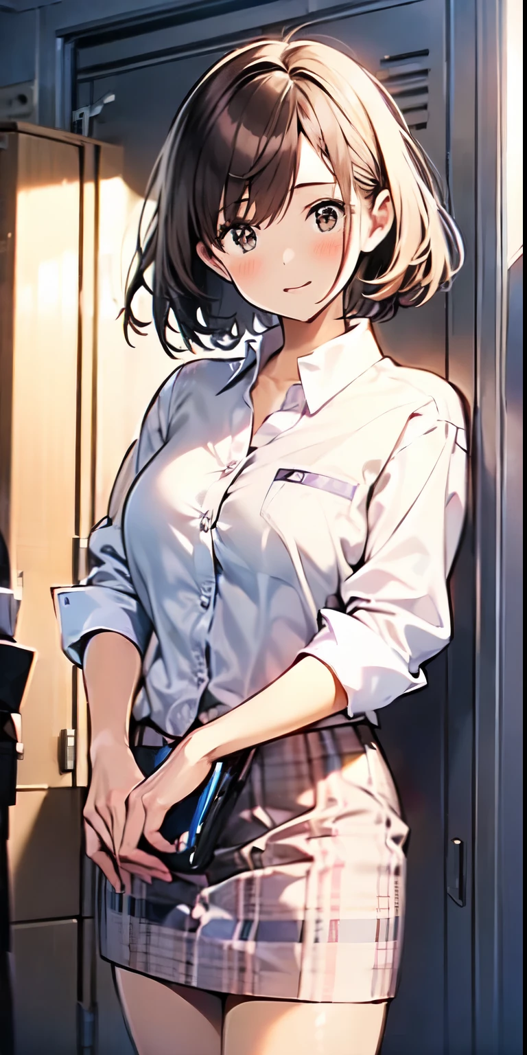 (((a girl changing of clothes))), (((in lockerroom ))),delicate and cute girls with brown hair,((wearing business service uniform )),(office lady Japanese style),、30 years、Super8K Ultra High Definition、Delicate texture、 Medium Hair、flat chest、((()))、((()))、Plain clothes,nsfw,big breast,lockerroom,,peeping scene,(((girl changing of clothes))),embarrassed face,(((drooping eyes))),plaid wear,showing white camisole