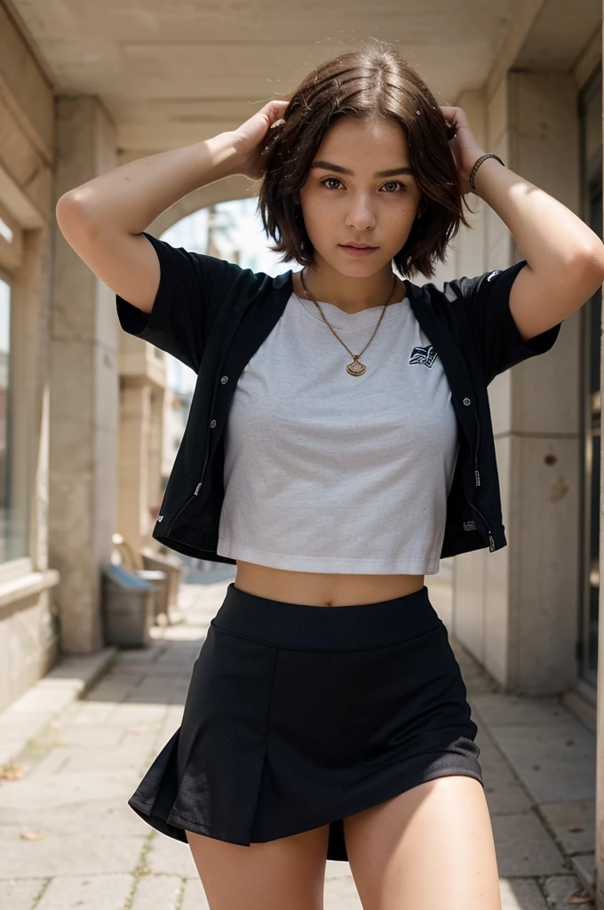 1girl in, 14 years old, Square face, short hair in layers messy, Looking at viewer, jewelry, Reality, Sexy, Short skirt outfit, , sportswear , free pose