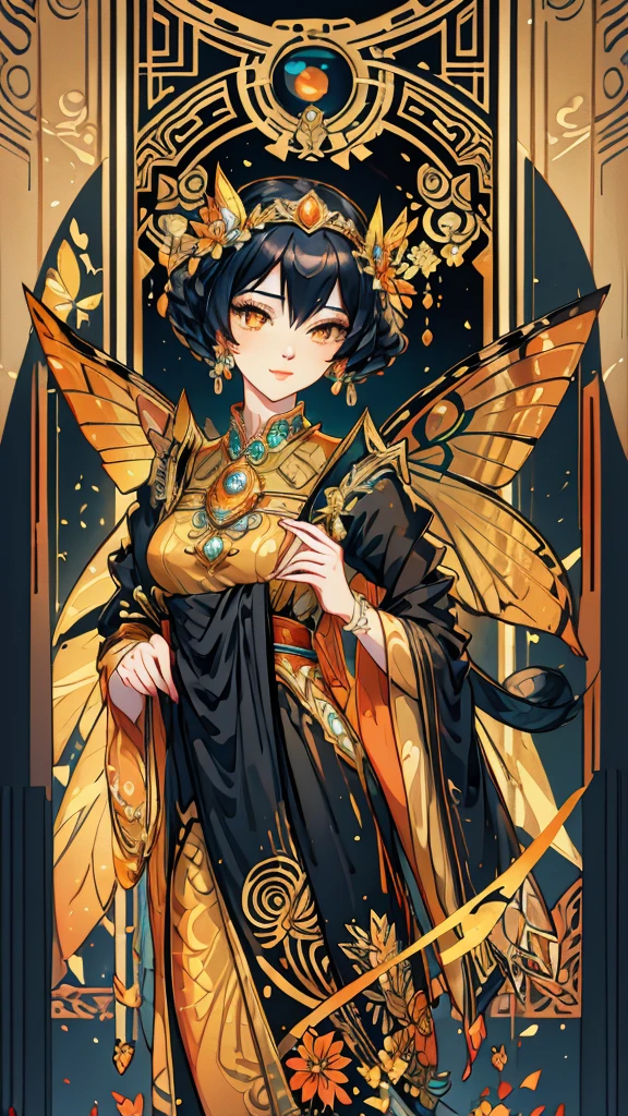 A art deco style cat with monarch butterfly wings in the art style of Erte