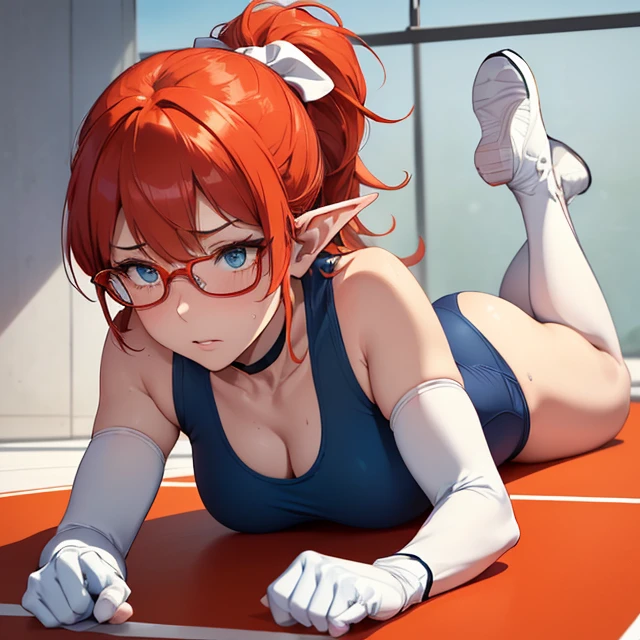 (best high quality image, very detailed clean image, carefully detailed image, carefully detailed character, solo alone character, no deformities in background and character, full character view and design)
{{(1woman 50 years old milf elf citizen), (crimson red hair tied in a ponytail with a pale white beautiful ribbon, fair skin, light blue green eyes, thin lips, medium big breasts, big butt, beautiful legs, short pointed ears with tiny orange gems, serious expression, sweating (defeated, lyingdown on the mat, recovering herself, tired and frustrated)), ((dark blue square glasses), (white one-piece wrestler leotard, white wrestler boots, white gloves, white knee pads, white wristbands, white elbow pads)), (orange-red-silver gym club, wrestling training ring)}}