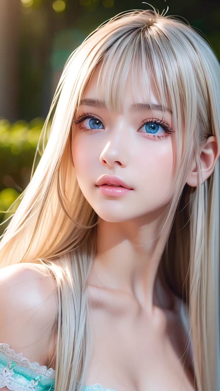 Dressed、(Photorealistic:1.4)、(ハイパーRealistic:1.4)、(Realistic:1.3)、(Smooth lighting:1.05)、(Improved cinematic lighting quality:0.9)、32k、1 Girl、A beautiful woman、Very cute expression、A beautiful 16 year old blonde girl、bangs that fall on the face、Bangs left over the eyeessy bangs between the eyes and nose、Realistic top lighting、Backlight、Face Light、Super long silky platinum hair、Blonde rays、(Bright light:1.2)、(quality improvement:1.4)、(Highest quality realistic textured skin:1.4)、Very beautiful, detailed, shiny, very bright, mint blue, large eyes、Very big eyes、Detailed face、A careful eye for quality、(Tired, sleepy and satisfied: 0.0)、Face close up、T-Shirts、(Enhances the body line:1.1)、(Enhances the beauty of skin texture:1.1)、Cheek gloss highlighter、Small Face Beauty、Round face