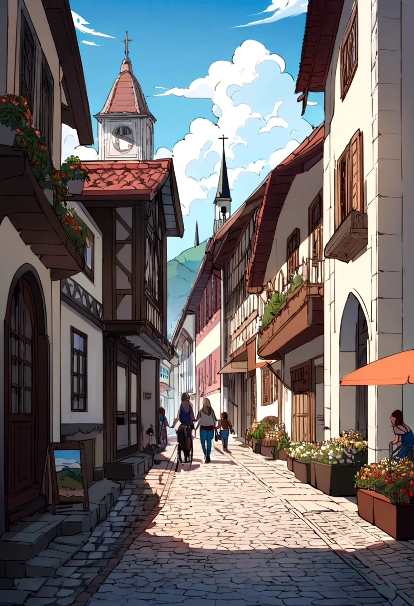 A quiet town in the interior of São Paulo, Brazil. Colorful and charming houses with ceramic roofs, cobblestone streets, flowering trees along the sidewalks, and a central square with a historic church with colonial architecture. The sky is blue with a few scattered white clouds. People walking, children playing, and cyclists strolling through the streets. Local shops and cafes with outdoor tables where locals are sitting, chatting and enjoying the afternoon. In the background, green hills surround the city, completing the picturesque landscape.
