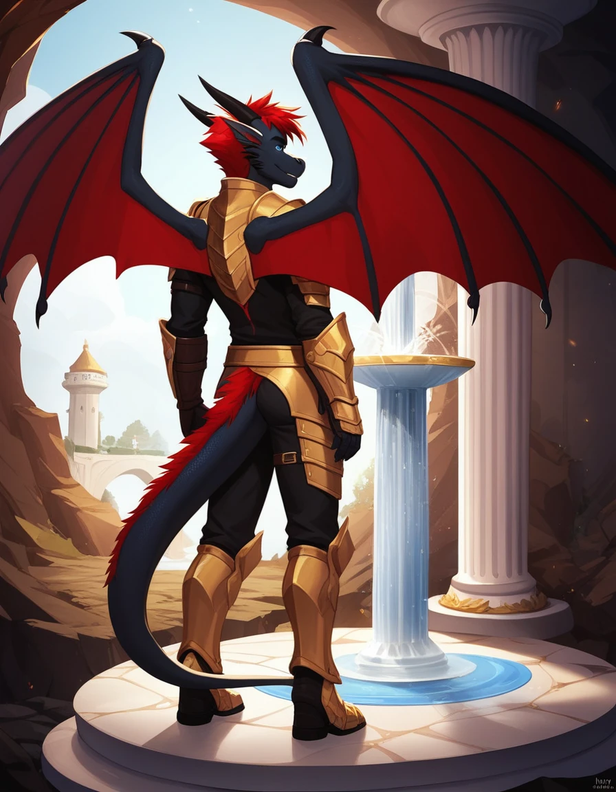 Solo, Score_9, score_8_up, score_7_up, source_cartoon, Anthro male, A black dragon, black dragon with red highlights on scales, black and red wings, blue eyes, short red hair, standing, wearing knights armor, standing in front of a giant magical golden fountain, golden fountain, in a cave, he looks amazed, looking at the fountain, magic water, in a dark cave, rear view of him, looking away, 