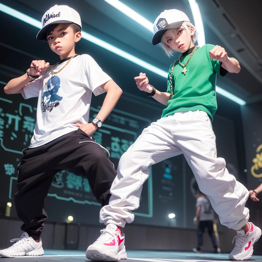 Create a modern cartoon-style image of a -yeld boith white hair and bright blue eyes, dressed as a rapper. The boy is dancing energetically. He is wearing a flat-brimmed cap tilted slightly to the side, a gold chain around his neck, a loose t-shirt with colorful graffiti, baggy pants worn slightly below the waist, branded sneakers, and a flashy watch on his wrist. The background shows a lively scene with flashing lights and vibrant music. The boy's movements are dynamic, showing off his dance skills with confidence and style. The scene should emphasize the liveliness and dynamism of his dance.