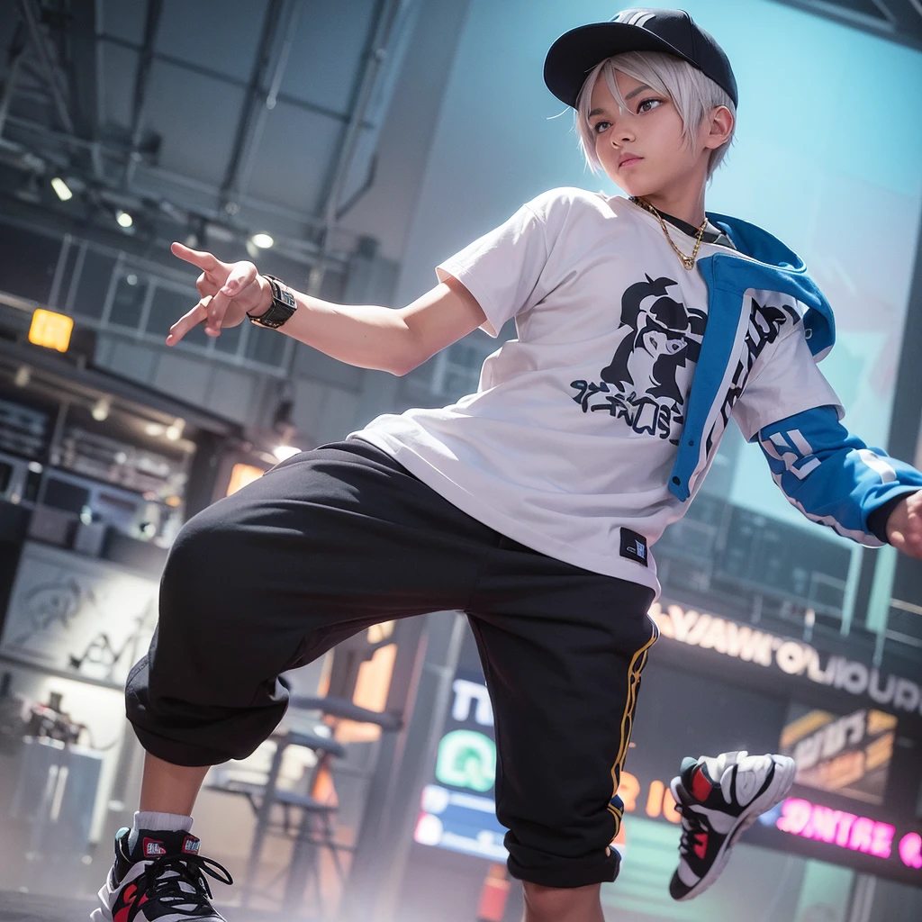 Create a modern cartoon-style image of a 15-year-old boy with white hair and bright blue eyes, dressed as a rapper. The boy is dancing energetically. He is wearing a flat-brimmed cap tilted slightly to the side, a gold chain around his neck, a loose t-shirt with colorful graffiti, baggy pants worn slightly below the waist, branded sneakers, and a flashy watch on his wrist. The background shows a lively scene with flashing lights and vibrant music. The boy's movements are dynamic, showing off his dance skills with confidence and style. The scene should emphasize the liveliness and dynamism of his dance.