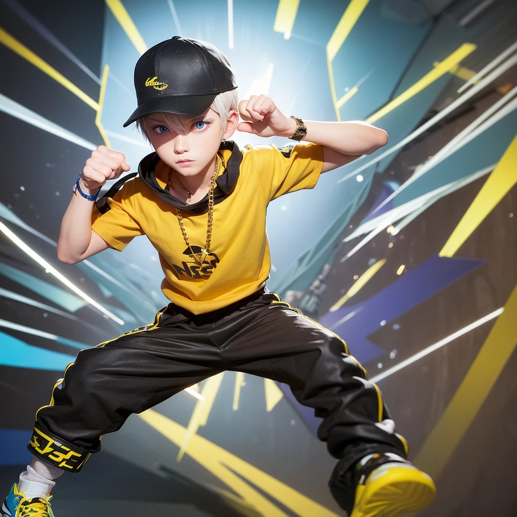 Create a modern cartoon-style image of a -yeld boith white hair and bright blue eyes, dressed as a rapper. The boy is dancing energetically. He is wearing a flat-brimmed cap tilted slightly to the side, a gold chain around his neck, a loose t-shirt with colorful graffiti, baggy pants worn slightly below the waist, branded sneakers, and a flashy watch on his wrist. The background shows a lively scene with flashing lights and vibrant music. The boy's movements are dynamic, showing off his dance skills with confidence and style. The scene should emphasize the liveliness and dynamism of his dance.