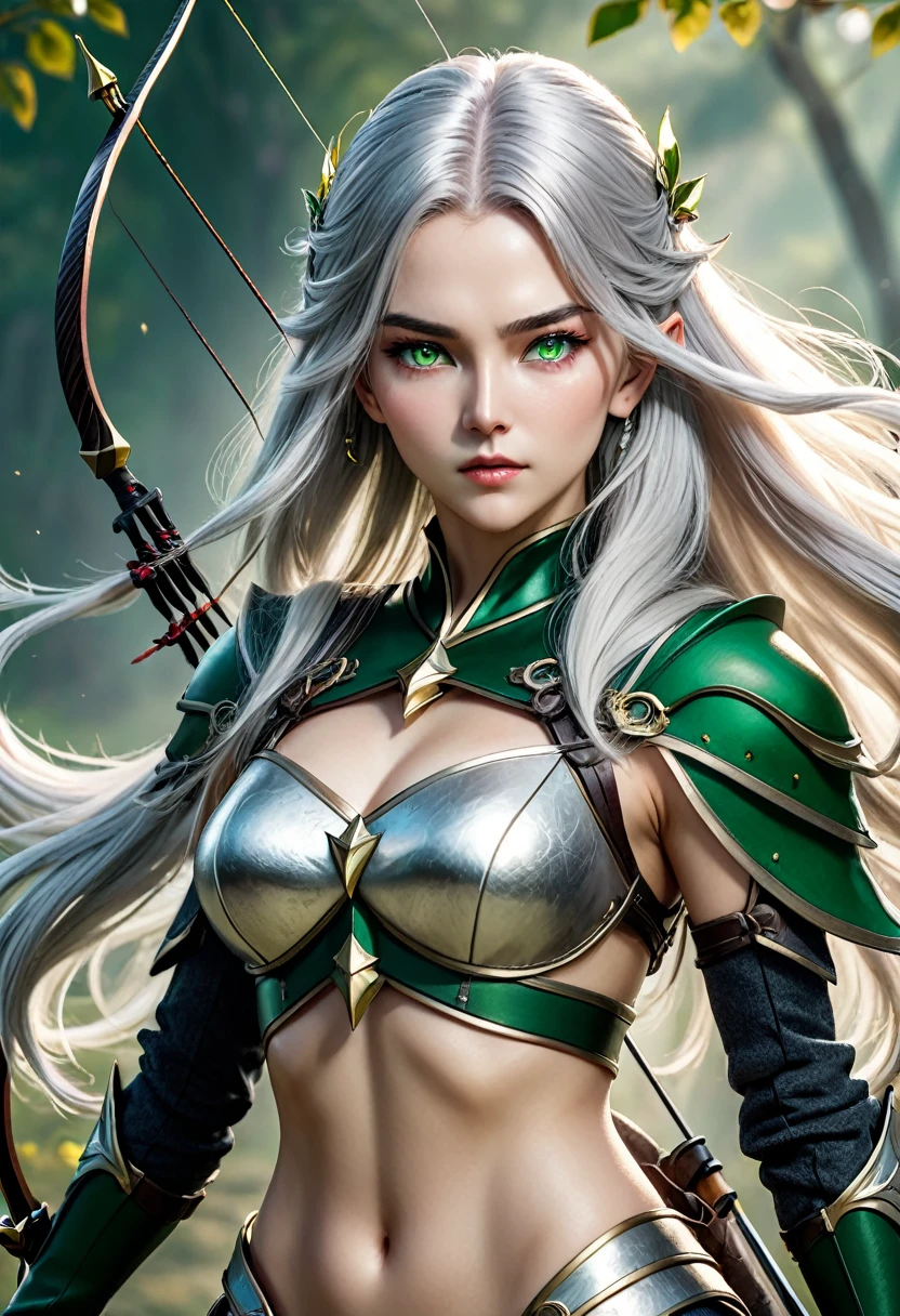(master piece), 8k, best quality, panoramic view, full body view, with slightly flushed white skin, subtly contrasting with her long, silver hair. Her body was slender and athletic, with a height of 168cm that gave her a natural elegance. Her green eyes, conservatively detailed warrior outfit, holding the war bow, Aiming war bow