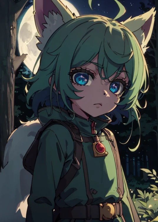 vex1, (grey skin:1), upper body, mature, standing, outdoors, sky, closed mouth, glare, looking at viewer, forest, night, deep night, trees, moon rays, moon, detailed background, best quality, masterpiece, comic,novel illustration, backlighting,extremely detailed CG, 8k wallpaper, cute, bright, high quality, (masterpiece:1.3),