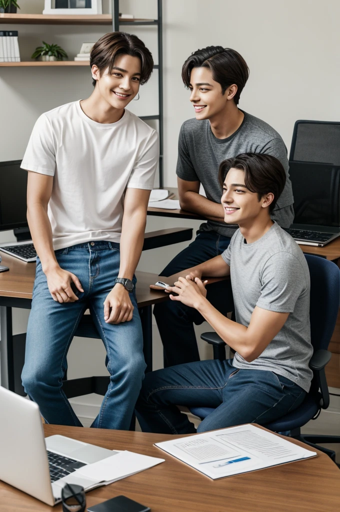 Two young men, one seated at a desk and the other sitting on his lap, in a modern office setting. The man seated at the desk has features similar to V from BTS, with dark hair and a modern cut, wearing a casual shirt and jeans. The man on his lap resembles Jungkook from BTS, with slightly longer, wavy dark hair, wearing a casual t-shirt and comfortable pants. They are both smiling and looking at a laptop on the desk. The office has a clean, modern look with a laptop, some papers, and a desk lamp.