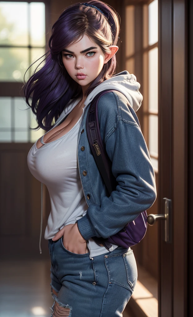 (masterpiece), (extremely intricate:1.3), (realistic), portrait of a girl, huge and perfect breasts, the most beautiful in the world, dark eyebrows, bright purple hair, (Kate Upton:1.3), scowl, (annoyed pout:1.2), blushing heavily, (oversized baggy cosy hoodie), (ripped baggy jeans), (canvas sneakers), (backpack), (elf ears:1.1), detailed textures, indoors, bright sunlight, classroom hallway, professional photograph of a stunning woman detailed, looking at the camera, alluring stare, detailed eyes, sharp focus, dramatic, award winning, cinematic lighting, octane render unreal engine, volumetrics dtx, (film grain, blurry background, blurry foreground, bokeh, depth of field, motion blur:1.3)