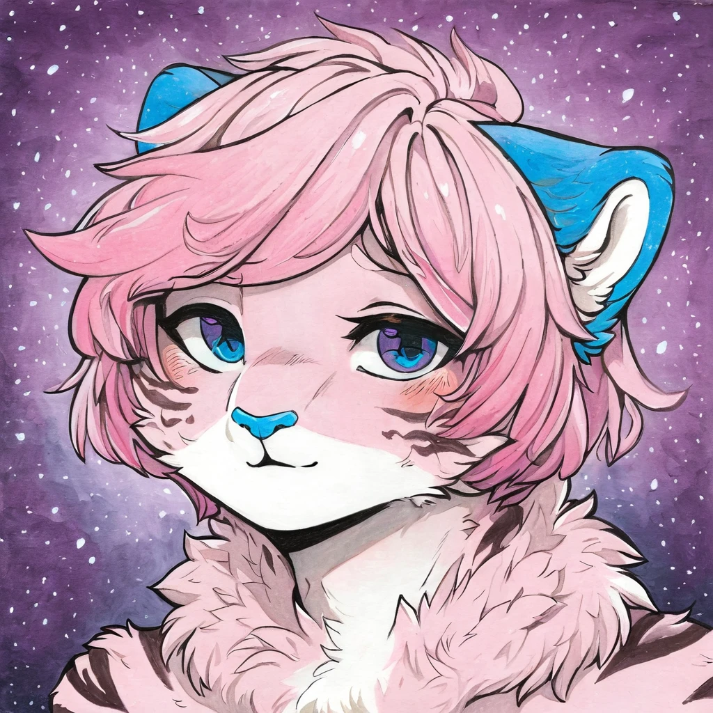 Single, solo, adult, feline, mammal, anthro, anthropomorphic, snow_leopard, cat, striped_feline, fur, furred_anthro, fluffy_tail, femboy, male, bangs, ear_tufts, blue_nose, hair_tuft, hair_between_eyes, fluffy, feline_ears, expressive_eyes, purple_hair, gradient_galaxy, pinkish_purple_galaxy_background, light, looking_at_viewer, pink_hair, pink_fur, shy, small_pupils, spotted_pattern, stripes, tail, tiger_stripes, traditional_art, hand-drawn, pencil_lines, ink_details, natural_imperfections, brush_strokes, textured_shading, detailed_line_work, high_resolution, background, head_visible, neck_visible, profile_picture, seductive_face